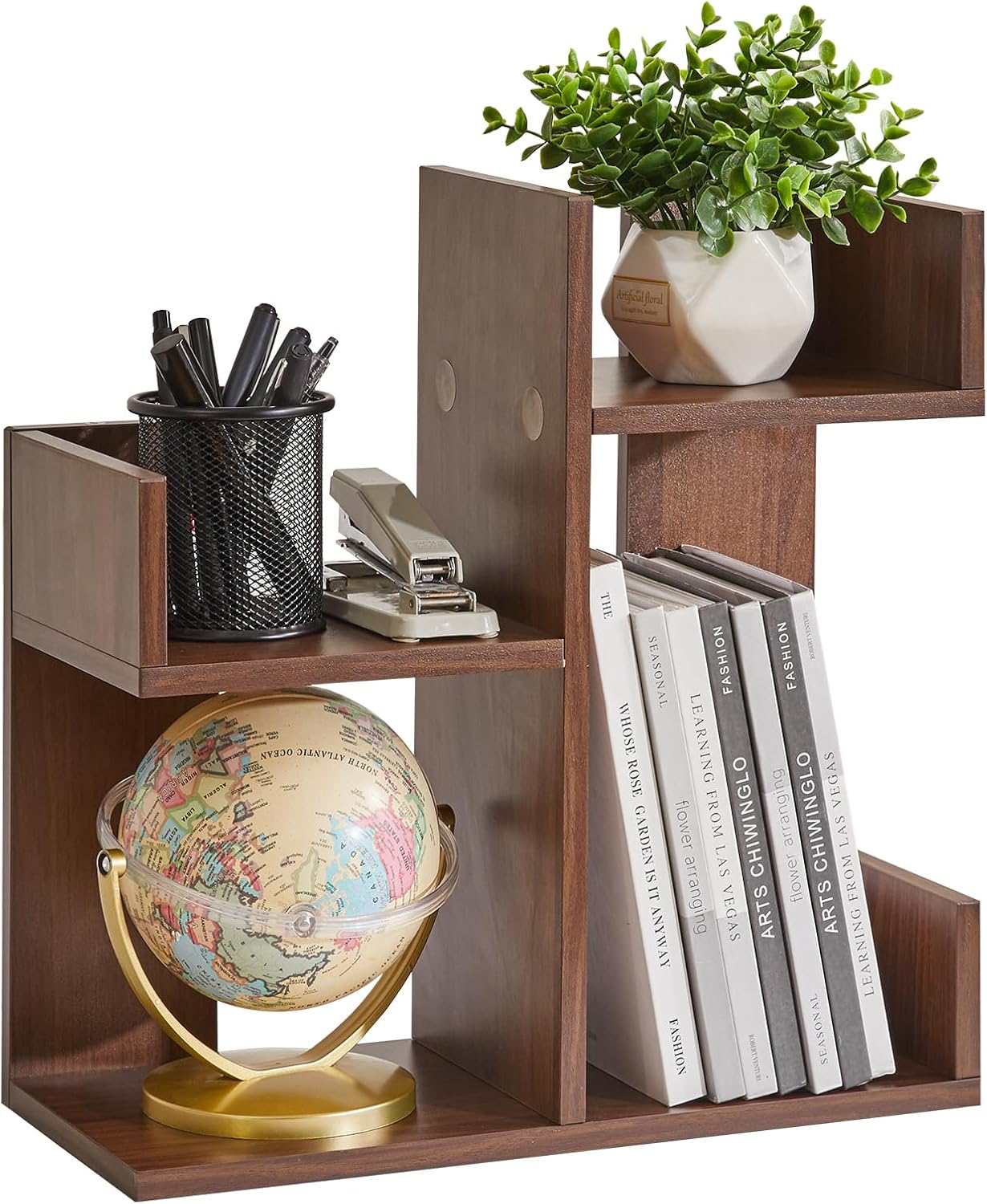 Book Display Shelf Small Desk Organizer, Desk Top Storage Organizer, Cookbook Storage Kitchen Counter Shelf, Tabletop Plant Shelf Stand Rustic Brown YD-DSR002H