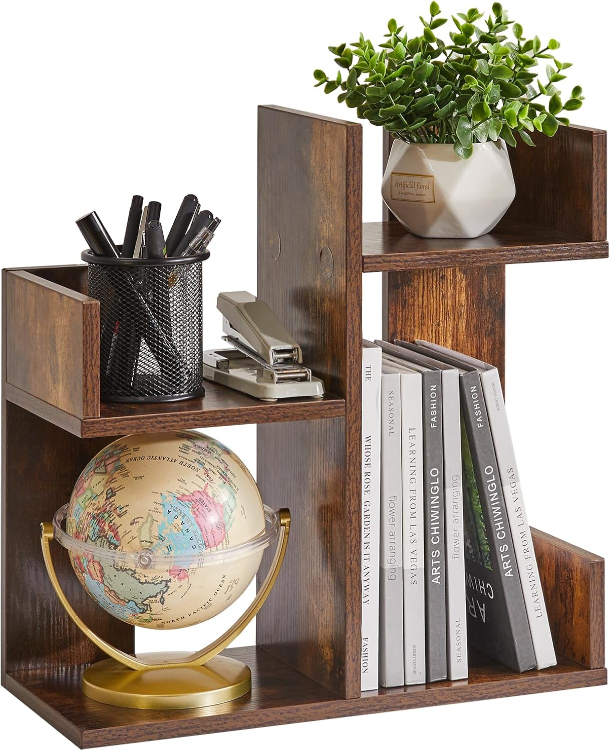 Book Display Shelf Small Desk Organizer, Desk Top Storage Organizer, Cookbook Storage Kitchen Counter Shelf, Tabletop Plant Shelf Stand Rustic Brown YD-DSR002H